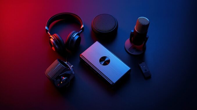 A cinematic photo featuring a stylized flat lay composition of five distinct gadgets: premium over-ear headphones with sleek metal accents, a compact, minimalist soundbar with a brushed aluminum finish, a professional-grade USB microphone with a sturdy stand, a portable, palm-sized projector with a lens cap, and a small, discreet streaming device. The scene is illuminated with dramatic cinematic lighting, creating a shallow depth of field that artfully blurs the background. The overall tone is filmic, with a rich color grading that emphasizes deep, vibrant hues and sharp contrast, presented in a dynamic composition.