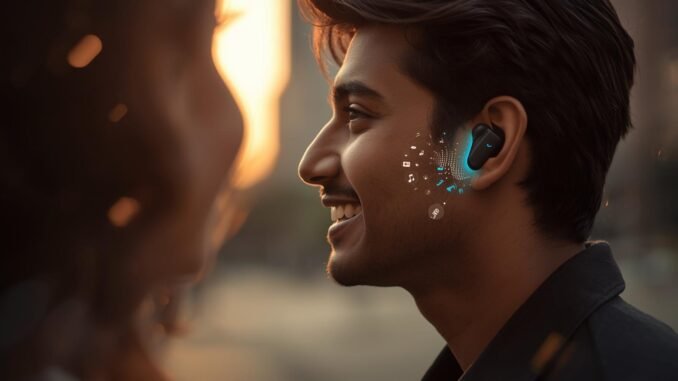 A sharp, cinematic close-up in profile of a young Indian man, around 30 years old, smiling and looking into the eyes of another person softly blurred in the foreground, suggesting an intimate conversation. He is wearing stylish, modern wireless earbuds. Subtle, shimmering holographic sound waves emanate from the earbuds, transforming into small abstract flags and characters from different languages like Japanese script, Arabic script, and the letter "ñ," gently floating and fading into the air. The scene is bathed in the warm glow of an urban sunset, a "Golden Hour" lighting that humanizes the technology. The image features cinematic lighting, a shallow depth of field, a filmic tone, dynamic composition, and rich color grading, with the optional text "40 Languages. 0 Internet." incorporated into the design.
