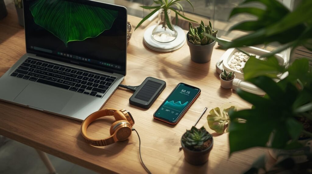 A cinematic, high-quality editorial photograph for a tech blog, presented in a 16:9 aspect ratio. The scene features a clean, minimalist wooden desk illuminated by soft, natural light. Centered on the desk is a modern laptop, its screen displaying a vibrant green leaf. Adjacent to the laptop, a smartphone showcases a power-saving graph application. Over-ear headphones crafted from bamboo and recycled aluminum rest nearby, alongside a small, portable solar charger. A selection of lush green houseplants, including monstera and succulents, artfully surround the devices. The aesthetic is bright, aspirational, and embodies a "tech-nature" theme. This is professional product photography, characterized by cinematic lighting, a shallow depth of field, a filmic tone, dynamic composition, and rich color grading.