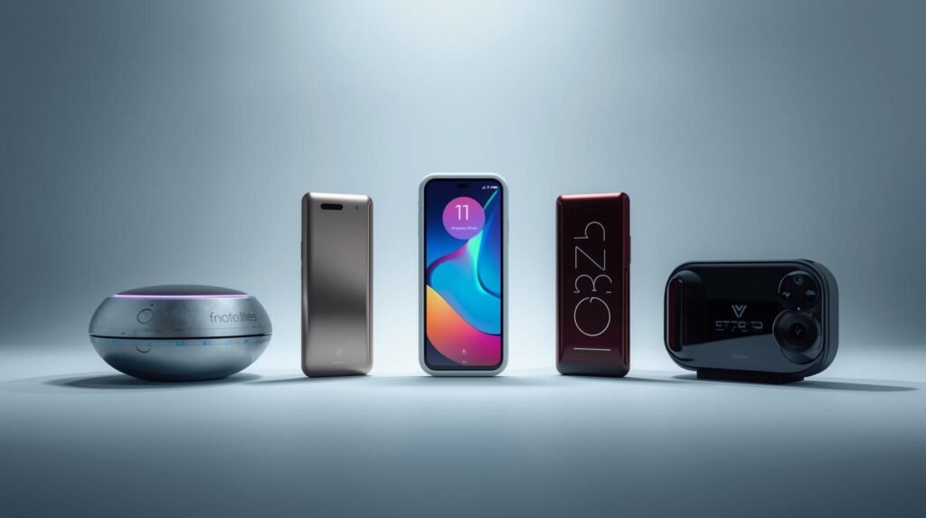 A curated selection of the five most innovative and aesthetically pleasing tech gadgets anticipated for release in September 2025, presented in a clean, futuristic studio setting with dramatic lighting. The image should evoke a sense of cutting-edge technology and sleek design, showcasing each gadget with high detail and vibrant, modern colors.