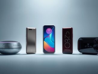 A curated selection of the five most innovative and aesthetically pleasing tech gadgets anticipated for release in September 2025, presented in a clean, futuristic studio setting with dramatic lighting. The image should evoke a sense of cutting-edge technology and sleek design, showcasing each gadget with high detail and vibrant, modern colors.