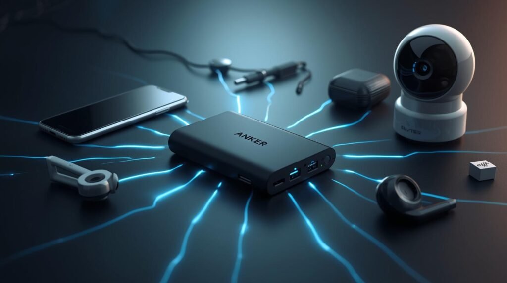 Power-bank-anker A cinematic, photorealistic image with a dynamic composition representing connectivity and energy. At its center, a sleek, modern Anker power bank with illuminated USB ports emanates abstract lines of bright blue energy, extending towards other tech gadgets such as a slim smartphone, Soundcore wireless earbuds, and an Eufy security camera. The background is a subtle gradient of dark and futuristic tones, with a touch of light suggesting efficiency and reliability. The style is high-tech, with a focus on quality and design. Cinematic lighting, shallow depth of field, and rich color grading enhance the filmic tone.