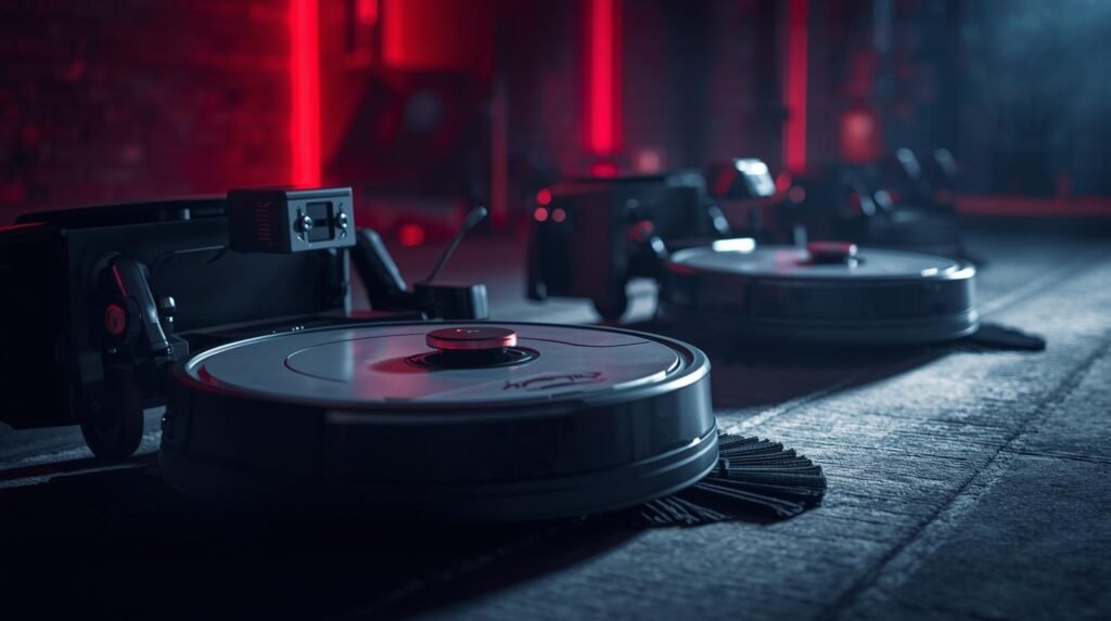 Robots Aspiradores con Brazos y Mopas Activas A cinematic photo of advanced robotic vacuum cleaners equipped with articulated arms and integrated mopping attachments, bathed in dramatic, cinematic lighting that casts deep shadows and highlights, all captured with a shallow depth of field that artfully blurs the background. The image should possess a rich, filmic tone, utilizing dynamic composition and vibrant, sophisticated color grading to create a compelling and visually striking scene.