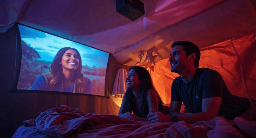 The people watching the movie are a man and a woman The people watching the movie are a man and a woman