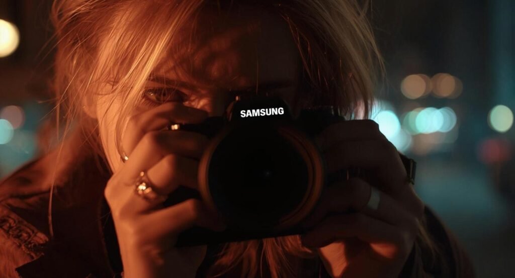 A cinematic, close-up photograph of a Caucasian female individual intently using a mirrorless camera in a visually striking, cinematic location. The scene is rendered in a cinematheque style with dramatic, cinematic lighting that casts evocative shadows. A shallow depth of field isolates the subject, creating a blurred, atmospheric background. The image possesses a filmic tone with rich, saturated color grading and a dynamic composition, capturing a compelling moment of creative focus.