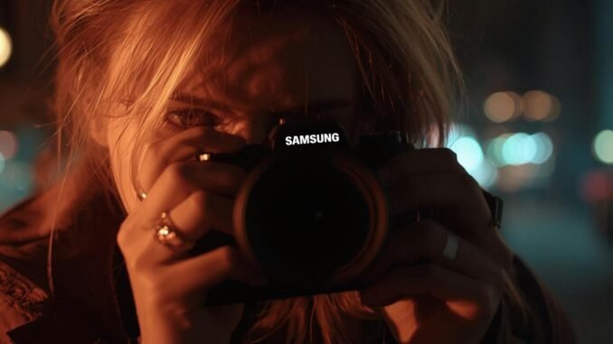 A cinematic, close-up photograph of a Caucasian female individual intently using a mirrorless camera in a visually striking, cinematic location. The scene is rendered in a cinematheque style with dramatic, cinematic lighting that casts evocative shadows. A shallow depth of field isolates the subject, creating a blurred, atmospheric background. The image possesses a filmic tone with rich, saturated color grading and a dynamic composition, capturing a compelling moment of creative focus.