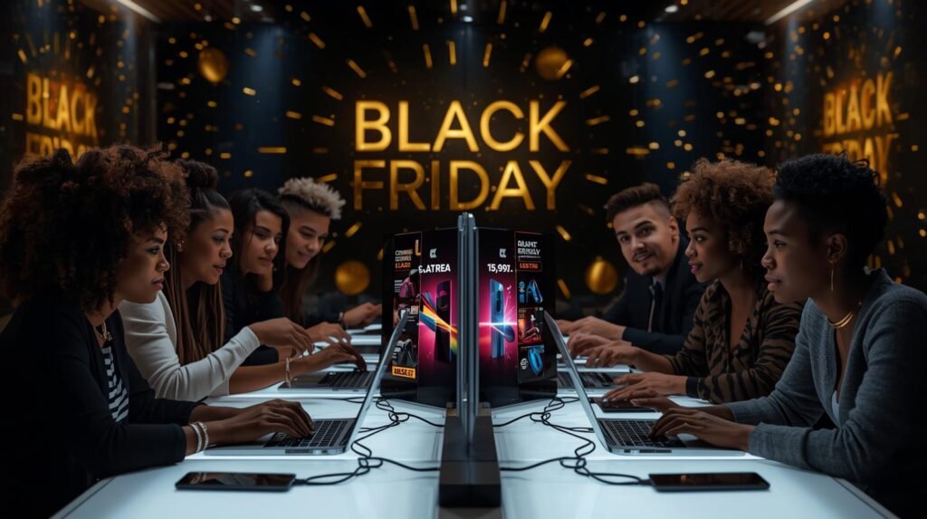 A diverse group of people actively shopping online on Black Friday, bathed in the glow of multiple screens displaying vibrant discounts and cutting-edge gadgets. Modern laptops and smartphones are neatly arranged on a bright, contemporary workspace. The atmosphere is dynamic and distinctly digital, powerfully symbolizing global online commerce. The color palette features rich black and opulent gold tones, illuminated by clean, minimalist Apple-style lighting. The words “Black Friday” are subtly integrated into the background. Rendered in a realistic photographic style.