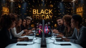 A diverse group of people actively shopping online on Black Friday, bathed in the glow of multiple screens displaying vibrant discounts and cutting-edge gadgets. Modern laptops and smartphones are neatly arranged on a bright, contemporary workspace. The atmosphere is dynamic and distinctly digital, powerfully symbolizing global online commerce. The color palette features rich black and opulent gold tones, illuminated by clean, minimalist Apple-style lighting. The words “Black Friday” are subtly integrated into the background. Rendered in a realistic photographic style.