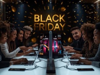 A diverse group of people actively shopping online on Black Friday, bathed in the glow of multiple screens displaying vibrant discounts and cutting-edge gadgets. Modern laptops and smartphones are neatly arranged on a bright, contemporary workspace. The atmosphere is dynamic and distinctly digital, powerfully symbolizing global online commerce. The color palette features rich black and opulent gold tones, illuminated by clean, minimalist Apple-style lighting. The words “Black Friday” are subtly integrated into the background. Rendered in a realistic photographic style.