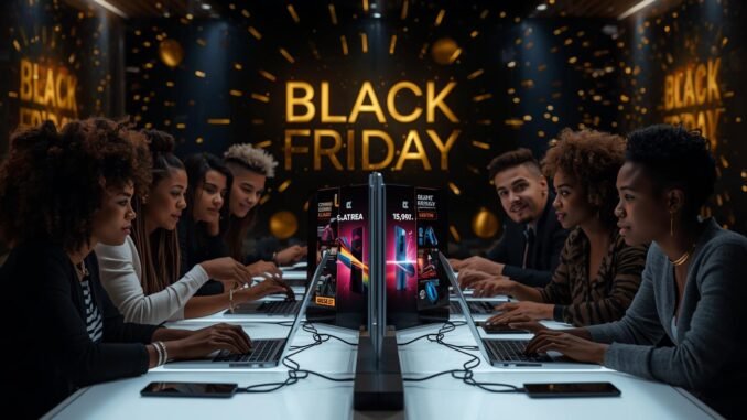 A diverse group of people actively shopping online on Black Friday, bathed in the glow of multiple screens displaying vibrant discounts and cutting-edge gadgets. Modern laptops and smartphones are neatly arranged on a bright, contemporary workspace. The atmosphere is dynamic and distinctly digital, powerfully symbolizing global online commerce. The color palette features rich black and opulent gold tones, illuminated by clean, minimalist Apple-style lighting. The words “Black Friday” are subtly integrated into the background. Rendered in a realistic photographic style.