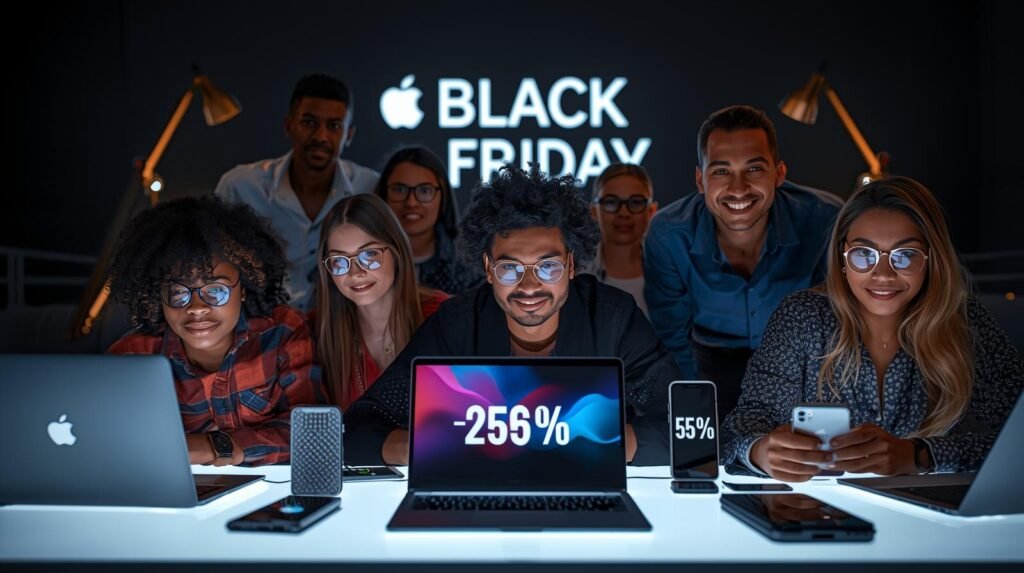 A diverse group of individuals, young adults and middle-aged, engaged in online shopping on Black Friday, their faces illuminated by the glow of multiple screens displaying vibrant discount percentages and a variety of modern gadgets. Sleek, contemporary laptops and smartphones are arranged on a brightly lit, minimalist workspace. The scene evokes a dynamic, digital atmosphere, symbolizing the expansive reach of global online commerce. The color palette features rich black and shimmering gold accents, complemented by clean, Apple-inspired diffused lighting. The words “Black Friday” are subtly integrated into the background elements. Rendered in a realistic photographic style.