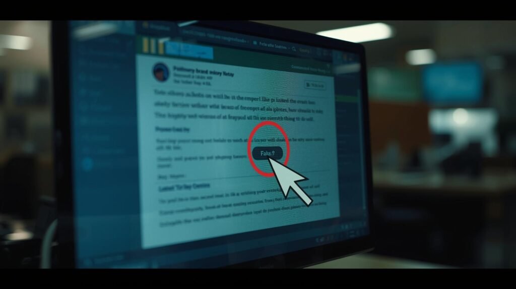A cinematic, photorealistic photograph of a phishing email displayed on a computer screen, with the email appearing to be from a well-known brand. The screen clearly shows a fake sender address and a fraudulent button or link, both highlighted by prominent red circles. A white mouse cursor is positioned directly over the fake link. The background is a softly blurred office setting, contributing to a didactic and cautionary tone. The image features cinematic lighting, a shallow depth of field, a filmic tone, dynamic composition, and rich color grading.