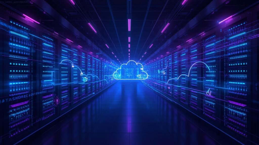 A highly detailed, futuristic data center bathed in the ethereal glow of vibrant blue and deep purple server racks, interspersed with stylized, luminous cloud icons and streams of flowing binary code. Dynamic fiber-optic light trails weave through the scene, visually symbolizing rapid web hosting and data transfer. The atmosphere is one of sleek, modern technology, rendered in a minimal, Apple-style composition with precise, high-detail lighting and subtle reflections. The central focus is on the interconnectedness of cloud technology and digital connectivity. Subtly integrated into the composition is the text “Top 10 Hosting Services 2025” and a designated small area for a GadgetReviews.io logo.