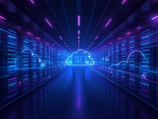 A highly detailed, futuristic data center bathed in the ethereal glow of vibrant blue and deep purple server racks, interspersed with stylized, luminous cloud icons and streams of flowing binary code. Dynamic fiber-optic light trails weave through the scene, visually symbolizing rapid web hosting and data transfer. The atmosphere is one of sleek, modern technology, rendered in a minimal, Apple-style composition with precise, high-detail lighting and subtle reflections. The central focus is on the interconnectedness of cloud technology and digital connectivity. Subtly integrated into the composition is the text “Top 10 Hosting Services 2025” and a designated small area for a GadgetReviews.io logo.