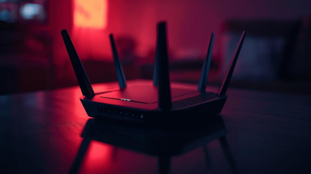 image de un Routers Wi-Fi 7 Mesh de ultima generacion A cinematic photograph of a sleek, latest-generation Wi-Fi 7 mesh router system, bathed in dramatic cinematic lighting that highlights its modern design. The image features a shallow depth of field, drawing focus to the router while softly blurring the background, creating a filmic tone and a dynamic composition. The rich color grading enhances the technological aesthetic, giving it a sophisticated and advanced feel.