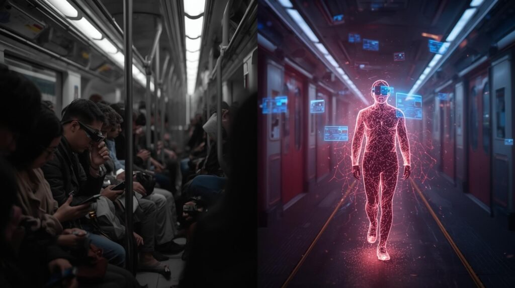 A cinematic photograph divided into two distinct panels. The left panel depicts a somber scene in muted gray tones, showing a crowd on a subway train, each individual engrossed in their mobile phones. The right panel presents a stark contrast, a luminous figure walking in a hopeful futuristic style, wearing augmented reality glasses with digital interfaces floating in the air, bathed in vibrant colors. The overall image features dramatic contrast, volumetric lighting, cinematic lighting, shallow depth of field, a filmic tone, dynamic composition, and rich color grading.