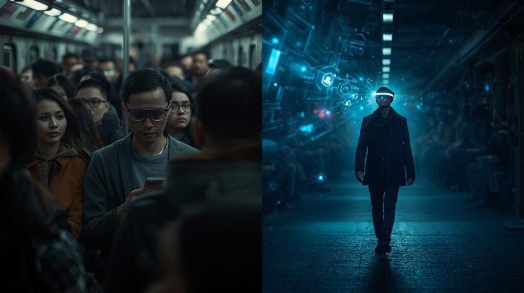 A cinematic photo split vertically. The left side depicts a crowd on a subway, their faces illuminated by the glow of mobile phones, rendered in somber, desaturated gray tones. The right side features a luminous, solitary figure striding confidently into a hopeful future, wearing sleek augmented reality glasses, with ethereal digital interfaces floating in the air around them. This juxtaposition creates a dramatic contrast, emphasizing a hopeful futuristic style with volumetric lighting, cinematic lighting, a shallow depth of field, a filmic tone, dynamic composition, and rich color grading.