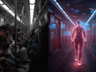 A cinematic photograph divided into two distinct panels. The left panel depicts a somber scene in muted gray tones, showing a crowd on a subway train, each individual engrossed in their mobile phones. The right panel presents a stark contrast, a luminous figure walking in a hopeful futuristic style, wearing augmented reality glasses with digital interfaces floating in the air, bathed in vibrant colors. The overall image features dramatic contrast, volumetric lighting, cinematic lighting, shallow depth of field, a filmic tone, dynamic composition, and rich color grading.