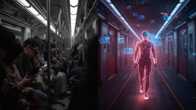 A cinematic photograph divided into two distinct panels. The left panel depicts a somber scene in muted gray tones, showing a crowd on a subway train, each individual engrossed in their mobile phones. The right panel presents a stark contrast, a luminous figure walking in a hopeful futuristic style, wearing augmented reality glasses with digital interfaces floating in the air, bathed in vibrant colors. The overall image features dramatic contrast, volumetric lighting, cinematic lighting, shallow depth of field, a filmic tone, dynamic composition, and rich color grading.