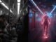 A cinematic photograph divided into two distinct panels. The left panel depicts a somber scene in muted gray tones, showing a crowd on a subway train, each individual engrossed in their mobile phones. The right panel presents a stark contrast, a luminous figure walking in a hopeful futuristic style, wearing augmented reality glasses with digital interfaces floating in the air, bathed in vibrant colors. The overall image features dramatic contrast, volumetric lighting, cinematic lighting, shallow depth of field, a filmic tone, dynamic composition, and rich color grading.