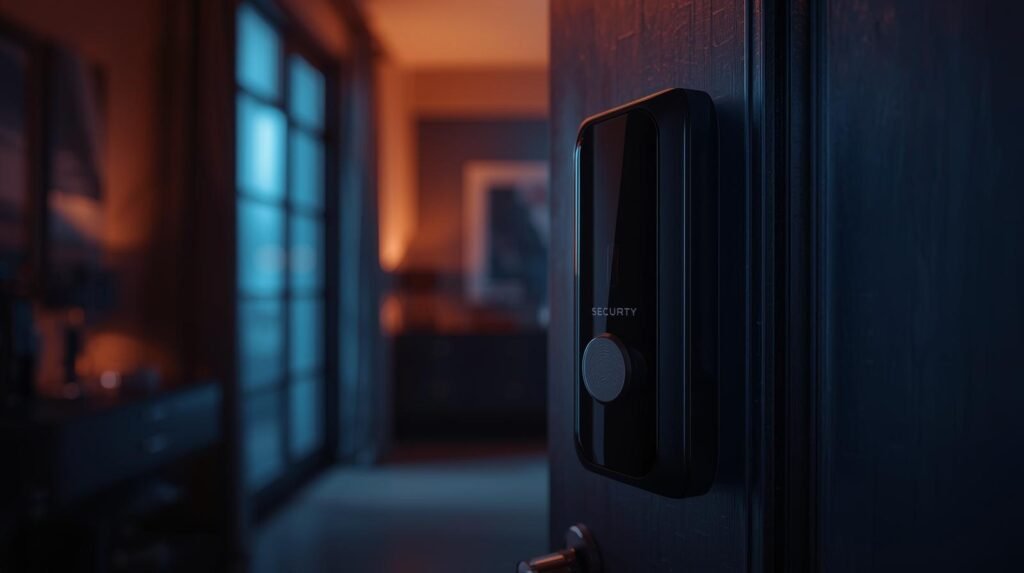 imagen de un Sistemas de Seguridad Doméstica Biométricos A cinematic photograph showcasing a sophisticated Biometric Home Security System, featuring advanced fingerprint and facial recognition technology. The image is bathed in dramatic, cinematic lighting, creating a sense of intrigue and advanced technology. A shallow depth of field artfully blurs the background, drawing immediate attention to the security system. The overall aesthetic is filmic, with a rich color grading that enhances the mood and highlights the sleek, modern design of the device. The composition is dynamic, utilizing strong lines and angles to emphasize the system's power and integration within a home environment.