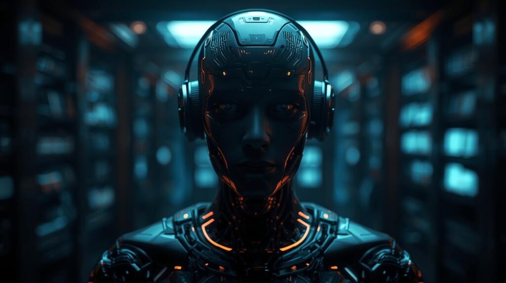 imagen de un asistene de ia personalizado A cinematic photograph capturing a sophisticated, personalized AI assistant, depicted with intricate holographic interfaces and subtle glowing accents, bathed in dramatic, volumetric cinematic lighting that creates a moody atmosphere. The shallow depth of field blurs the background, drawing focus to the AI's central form, while the filmic tone and rich color grading enhance the visual storytelling, emphasizing a dynamic composition and a sleek, futuristic aesthetic.