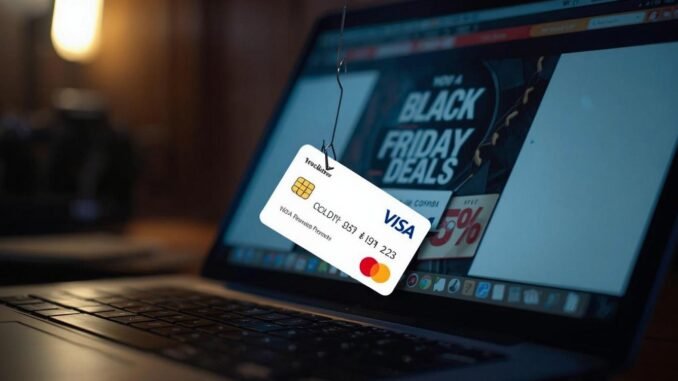 A cinematic photo of a credit card snagged on a fishhook emerging from a laptop screen displaying Black Friday deals. The scene is illuminated with dramatic cinematic lighting, featuring a shallow depth of field and a rich, filmic color grade. The composition is dynamic, drawing the viewer's eye to the central action.