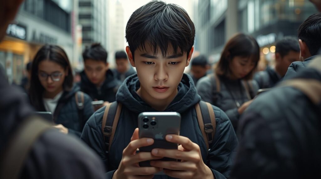 A cinematic, photorealistic photo capturing a young person engrossed in typing on an iPhone 16e within a bustling modern urban environment. They are surrounded by other individuals similarly engaged with the same device, with one iPhone prominently displaying the Apple logo on its back. The scene embodies innovation, technology, and social connection, rendered in a minimalistic style with neutral tones. Soft, realistic lighting casts natural reflections on the phone screens. The composition is a 16:9 aspect ratio, featuring shallow depth of field, cinematic lighting, a filmic tone, and rich color grading to create a dynamic visual narrative.