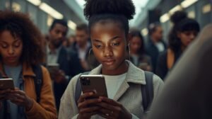 A cinematic, photorealistic photo capturing a young African American woman engrossed in typing on an iPhone 16e within a bustling, modern urban environment. She is surrounded by diverse individuals also using the same device, highlighting a sense of shared technological experience. The distinct Apple logo is visible on the back of one of the iPhones. The scene visually communicates themes of innovation, technology, and social connection through its minimalistic aesthetic and neutral color palette. Soft, realistic lighting creates natural reflections on the phone screens, with a shallow depth of field and a 16:9 composition enhancing the cinematic feel and rich color grading.