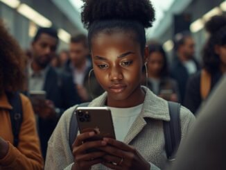 A cinematic, photorealistic photo capturing a young African American woman engrossed in typing on an iPhone 16e within a bustling, modern urban environment. She is surrounded by diverse individuals also using the same device, highlighting a sense of shared technological experience. The distinct Apple logo is visible on the back of one of the iPhones. The scene visually communicates themes of innovation, technology, and social connection through its minimalistic aesthetic and neutral color palette. Soft, realistic lighting creates natural reflections on the phone screens, with a shallow depth of field and a 16:9 composition enhancing the cinematic feel and rich color grading.