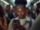 A cinematic, photorealistic photo capturing a young African American woman engrossed in typing on an iPhone 16e within a bustling, modern urban environment. She is surrounded by diverse individuals also using the same device, highlighting a sense of shared technological experience. The distinct Apple logo is visible on the back of one of the iPhones. The scene visually communicates themes of innovation, technology, and social connection through its minimalistic aesthetic and neutral color palette. Soft, realistic lighting creates natural reflections on the phone screens, with a shallow depth of field and a 16:9 composition enhancing the cinematic feel and rich color grading.