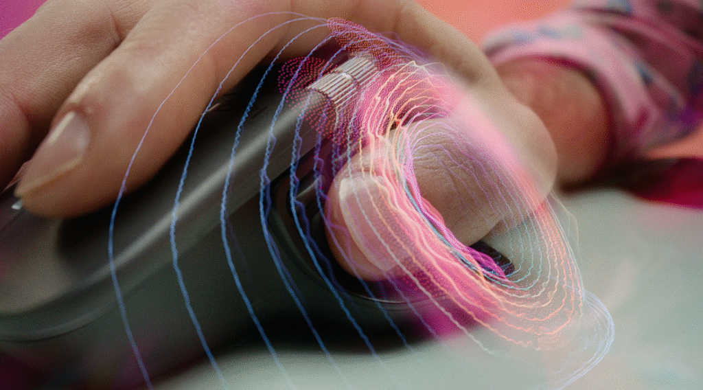 A hand holding a black Logitech wireless mouse, surrounded by waves of red and blue colors that suggest the power of the device.