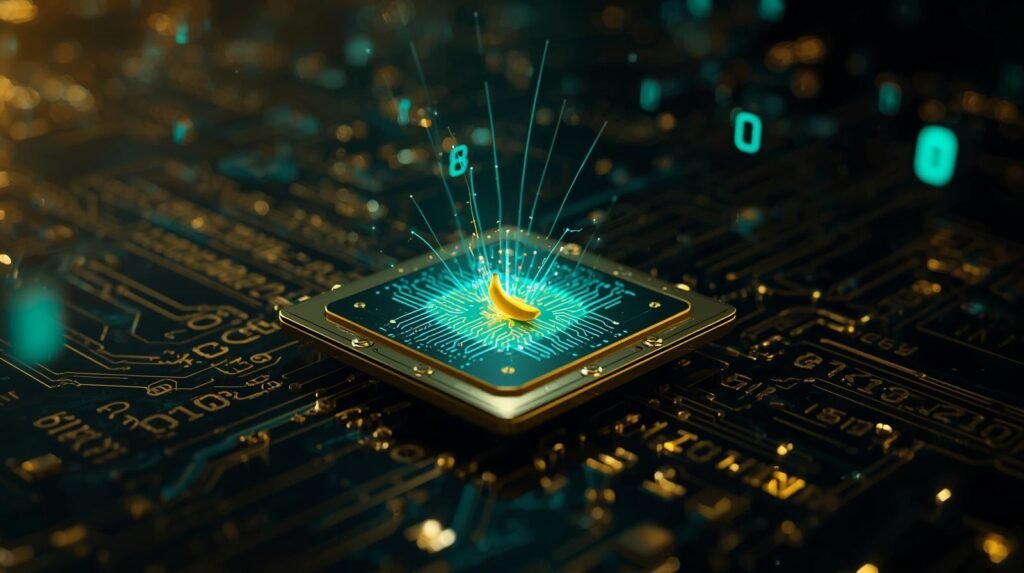 A cinematic, extreme photorealism photo of a futuristic, conceptual rendering of a golden silicon chip. At its center, a tiny, glowing, banana-shaped nanocircuit radiates lines of energy in vibrant shades of blue and emerald green. The background is dark and high-tech, featuring floating binary code, rendered with high contrast and dramatic lighting. The image has cinematic lighting, shallow depth of field, a filmic tone, dynamic composition, and rich color grading.