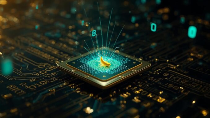 nano banana pro A cinematic, extreme photorealism photo of a futuristic, conceptual rendering of a golden silicon chip. At its center, a tiny, glowing, banana-shaped nanocircuit radiates lines of energy in vibrant shades of blue and emerald green. The background is dark and high-tech, featuring floating binary code, rendered with high contrast and dramatic lighting. The image has cinematic lighting, shallow depth of field, a filmic tone, dynamic composition, and rich color grading.