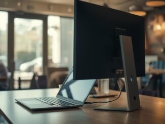 A cinematic photograph capturing a modern work setup within a bright, airy coffee shop or coworking space. A sleek laptop is connected to a slim, portable monitor, positioned on a clean, uncluttered desk. The ambiance is both professional and relaxed, with soft, ambient light creating a warm, inviting atmosphere. The image features cinematic lighting, a shallow depth of field that blurs the background, a filmic tone with rich color grading, and a dynamic composition that draws the viewer's eye to the setup.