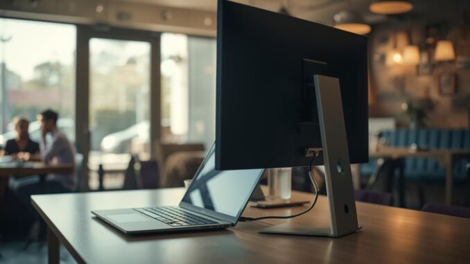 A cinematic photograph capturing a modern work setup within a bright, airy coffee shop or coworking space. A sleek laptop is connected to a slim, portable monitor, positioned on a clean, uncluttered desk. The ambiance is both professional and relaxed, with soft, ambient light creating a warm, inviting atmosphere. The image features cinematic lighting, a shallow depth of field that blurs the background, a filmic tone with rich color grading, and a dynamic composition that draws the viewer's eye to the setup.
