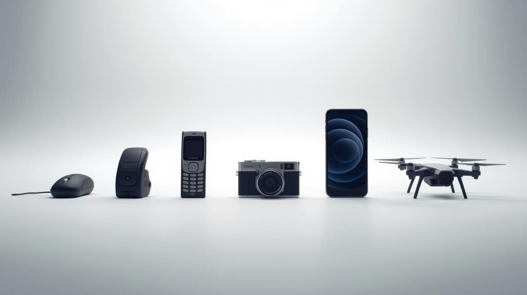 A row of objects illustrating the evolution of technology, from left to right, against a minimalist white background. It begins with a computer mouse from the 1980s, followed by an old flip phone, then an early action camera, and ends with a modern glass smartphone and a compact drone. The lighting is bright, clean, and studio-quality. Photorealistic style.