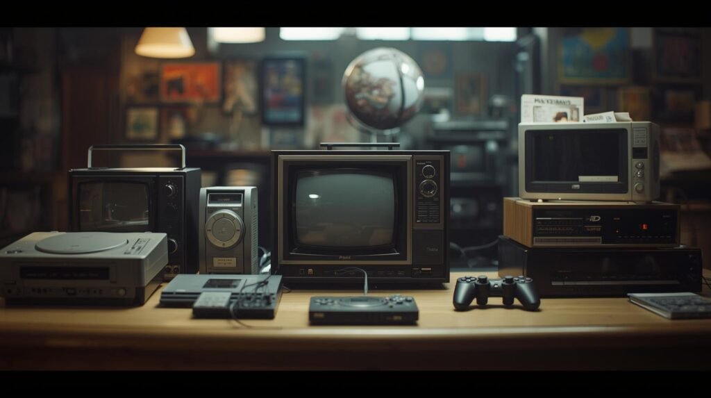 A cinematic photo capturing the essence of technological innovation: from early humble beginnings to the invention of the Walkman, the revolution in televisions, and the dominance of the PlayStation. Depicted with cinematic lighting, shallow depth of field, a filmic tone, dynamic composition, and rich color grading, this image embodies an icon of progress and ingenuity.