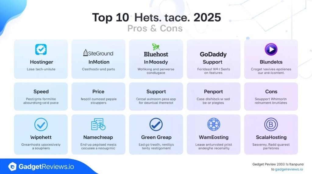 A modern infographic comparing the 10 best web hosting providers of 2025 (Hostinger, SiteGround, Bluehost, InMotion, GoDaddy, DreamHost, GreenGeeks, Namecheap, WP Engine, ScalaHosting). The infographic features icons for speed, price, support, and eco-friendly features. The aesthetic is a clean tech style with a white background, gradients in blue and purple, clear readable fonts, and a minimal Apple-style layout. The title “Top 10 Hosting 2025 – Pros & Cons” is positioned at the top, and a placeholder for the GadgetReviews.io logo is at the bottom.