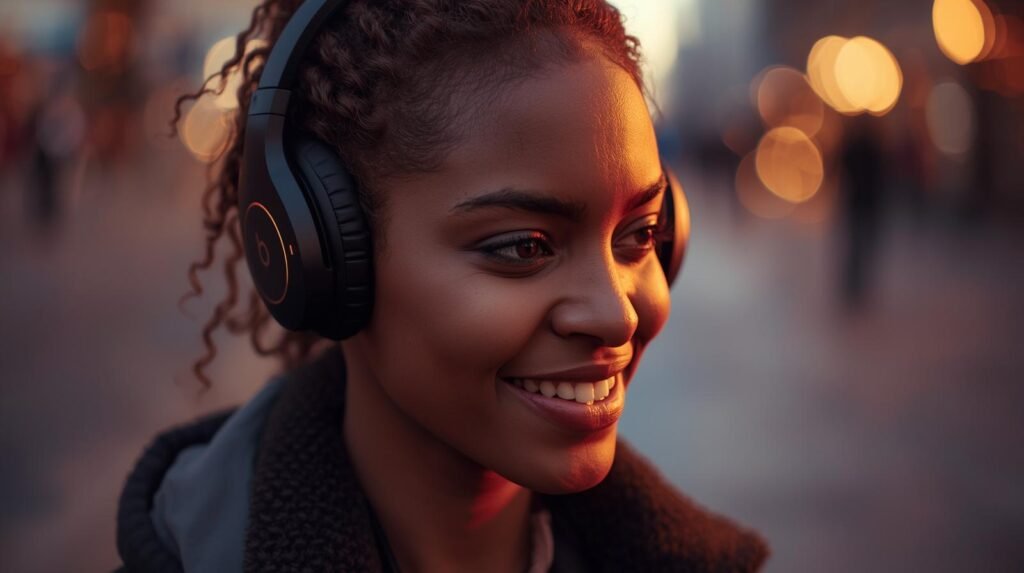 una persona caminando en la calle, toma en primer plano, con unos auriculres de ultima generacion escuchando musica y sonriendo A cinematic close-up photo capturing a person walking down a street, their face illuminated by soft, warm cinematic lighting. They are wearing sleek, state-of-the-art headphones, a genuine smile gracing their lips as they immerse themselves in music. The shallow depth of field blurs the background, emphasizing the subject and creating a dynamic composition with a rich, filmic tone and vibrant color grading.