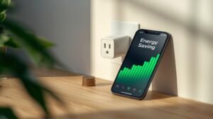 A cinematic, editorial-style product photograph with a 16:9 aspect ratio, captured in high resolution with a premium tech blog aesthetic. The close-up composition features a modern light wood table in the foreground. Dominating the scene is a sleek smartphone displaying an app interface with a prominent "Energy Saving" graphic rendered in vibrant, ascending green tones. Adjacent to the smartphone, a clean white smart plug is visibly connected to a wall outlet. A small stack of coins is subtly placed nearby, visually reinforcing the theme of economic savings. The scene is illuminated by soft morning light, enhancing the fresh color palette of whites, greens, and natural wood tones. The image employs cinematic lighting, a shallow depth of field, and a filmic tone with rich color grading, creating a dynamic composition.