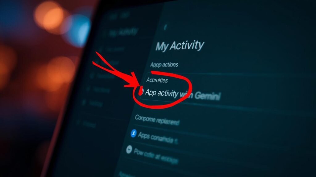 Actividad de las Apps con Gemini A cinematic photograph capturing the 'My Activity' homepage interface, rendered with shallow depth of field and rich color grading. Cinematic lighting and a filmic tone enhance the dynamic composition, with a prominent red arrow or circle precisely highlighting the "App Activity with Gemini" option.