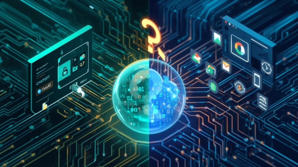 A cinematic, editorial tech illustration with an isometric view, featuring a split composition comparing two AI systems regarding data privacy. The left side, dominated by glowing teal and green hues, showcases a stylized interface labeled "ChatGPT," with a prominent digital padlock icon connected to a user-controlled toggle switch set to "OFF," effectively severing a data stream; the OpenAI logo is subtly present. The right side, bathed in glowing blue, orange, and yellow tones, displays an interface labeled "Google Gemini," intricately interconnected with smaller floating icons representing Gmail, Google Drive, and an Android phone, forming a complex web of flowing data streams directed towards a large central cloud; the Google 'G' or Gemini sparkle icon is visible. Bridging both sides in the center is a glowing, translucent sphere filled with binary code and personal document icons, with a large glowing question mark and a magnifying glass hovering above it. The background is a clean, dark circuit board pattern. The style is sleek, futuristic, highly detailed, and digital, enhanced by cinematic lighting, shallow depth of field, a filmic tone, dynamic composition, and rich color grading.