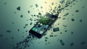 A cinematic, high-detail editorial illustration in a technology magazine style, depicting a smartphone undergoing a revival. The image is split dynamically: one half is slow and cluttered, symbolizing obsolescence, while the other half is clean and fast, representing innovation. The overarching theme is green sustainability, with soft, cinematic lighting and a minimal background enhancing the visual narrative. The composition is dynamic, rendered in a rich color grade with a shallow depth of field and a filmic tone, presented in a 16:9 aspect ratio.