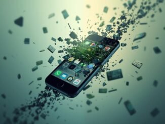 A cinematic, high-detail editorial illustration in a technology magazine style, depicting a smartphone undergoing a revival. The image is split dynamically: one half is slow and cluttered, symbolizing obsolescence, while the other half is clean and fast, representing innovation. The overarching theme is green sustainability, with soft, cinematic lighting and a minimal background enhancing the visual narrative. The composition is dynamic, rendered in a rich color grade with a shallow depth of field and a filmic tone, presented in a 16:9 aspect ratio.