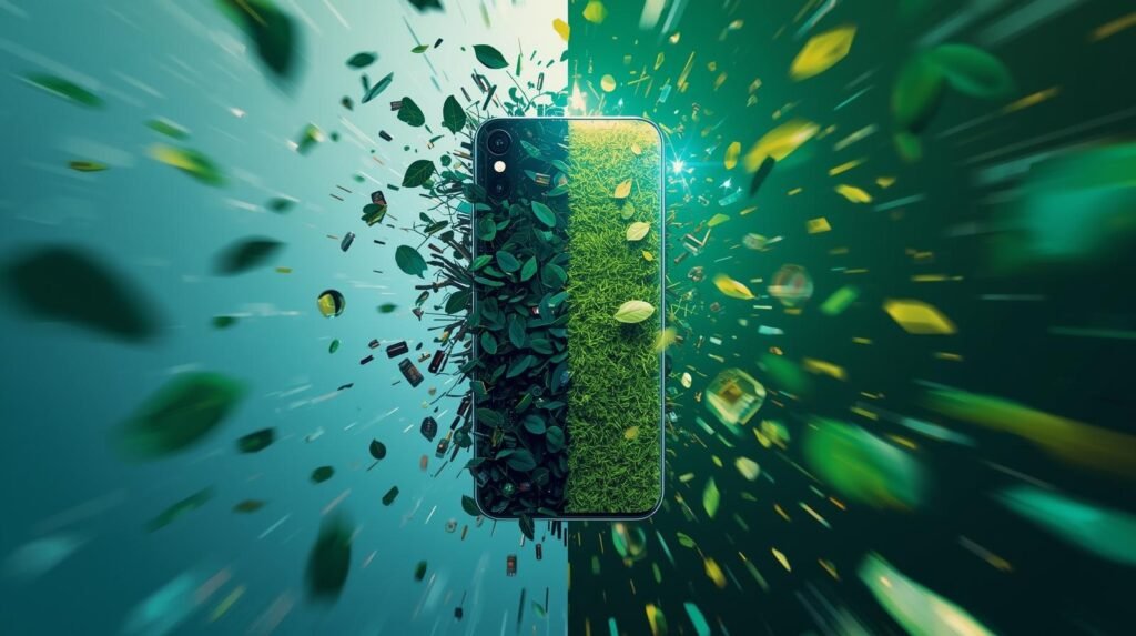 A cinematic, high-detail illustration in the style of a technology magazine, depicting a smartphone undergoing a revival. The image is split dynamically: one half shows the device in a slow, cluttered state, while the other half presents it as clean and fast. A prominent green sustainability theme is integrated throughout. The scene features soft, cinematic lighting with a shallow depth of field and a minimal background, rendered in a rich color grading with a filmic tone. The composition is dynamic, presented in a 16:9 aspect ratio.