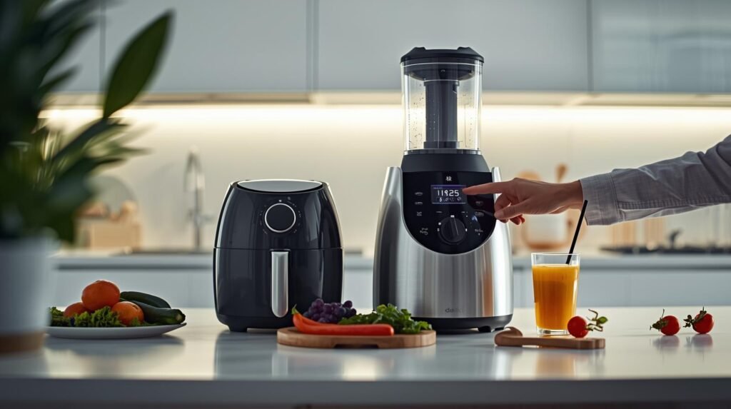 Revoluciona tu Cocina Los 7 Gadgets Imprescindibles que Triunfan en Espana A cinematic, sharp-focus photograph capturing a modern, minimalist, and brightly lit kitchen countertop. Dominating the center is a visual collage of popular Spanish kitchen gadgets: a sleek air fryer sits beside a multi-function food processor, its touchscreen illuminated. Subtle accents of healthy food, including fresh vegetables and vibrant smoothies, are artfully arranged. A person's hand is visible, expertly interacting with the food processor's touchscreen. The overall aesthetic emphasizes lifestyle and technology, with a palette of white and metallic tones. The image features dynamic composition and rich, filmic color grading with a shallow depth of field.
