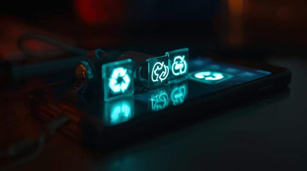 A cinematic photo capturing a "tired" smartphone reviving with illuminated battery, cleaning, and recycling icons. The scene is enhanced with cinematic lighting, shallow depth of field, a filmic tone, dynamic composition, and rich color grading.