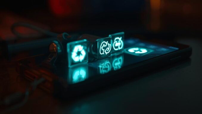 A cinematic photo capturing a "tired" smartphone reviving with illuminated battery, cleaning, and recycling icons. The scene is enhanced with cinematic lighting, shallow depth of field, a filmic tone, dynamic composition, and rich color grading.