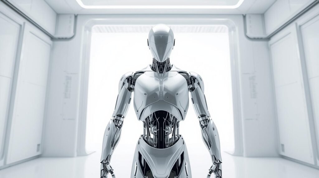 Ultra-realistic 8K render of a Tesla Optimus humanoid robot, with meticulously detailed metallic joints and sleek plating, standing in a pristine, minimalist futuristic white laboratory. The scene is illuminated by soft, diffused lighting that casts subtle, cinematic shadows, highlighting the robot's polished surfaces and intricate robotic hands. The composition is clean and reminiscent of Apple's design aesthetic, featuring a minimalistic tech background with subtle geometric patterns. Ample negative space is reserved at the top for headline placement.